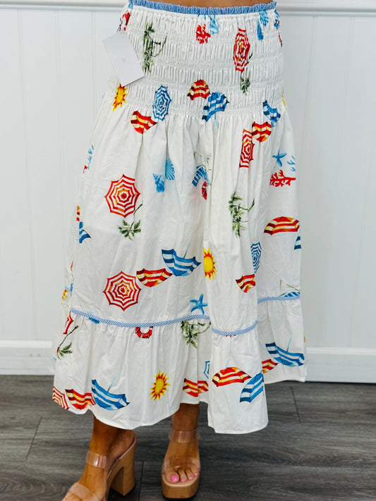 Off White Multi Beach Print Midi Skirt (Reg.)