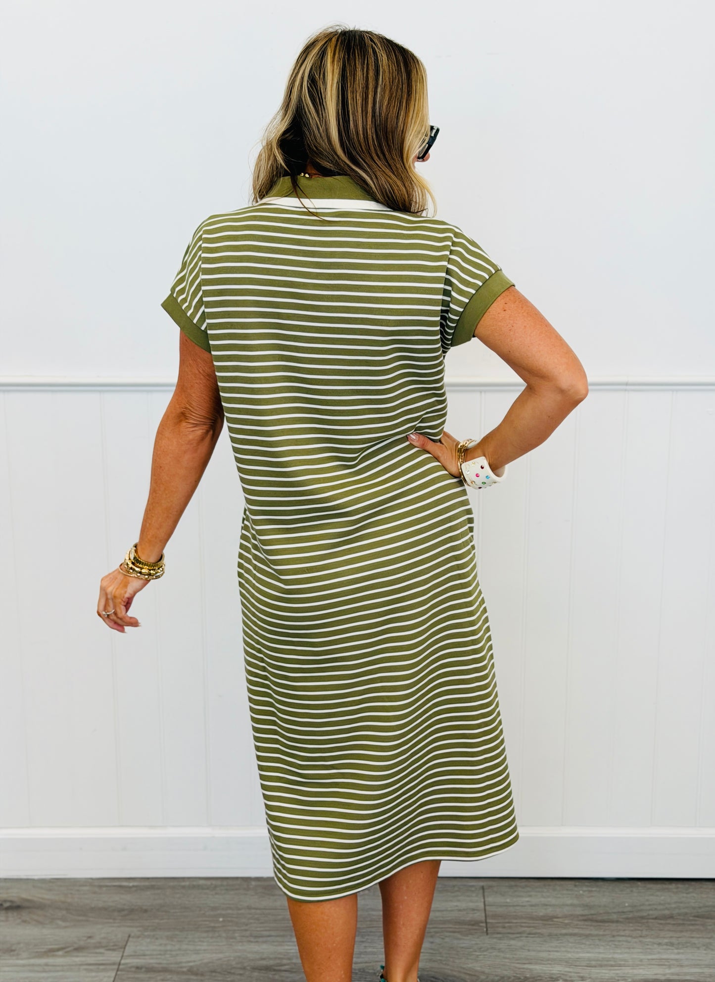 Olive Striped Collared Midi Dress (Reg.)