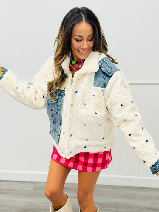 Cream/Blue Denim Gemstone Sherpa Jacket (Reg & Plus)