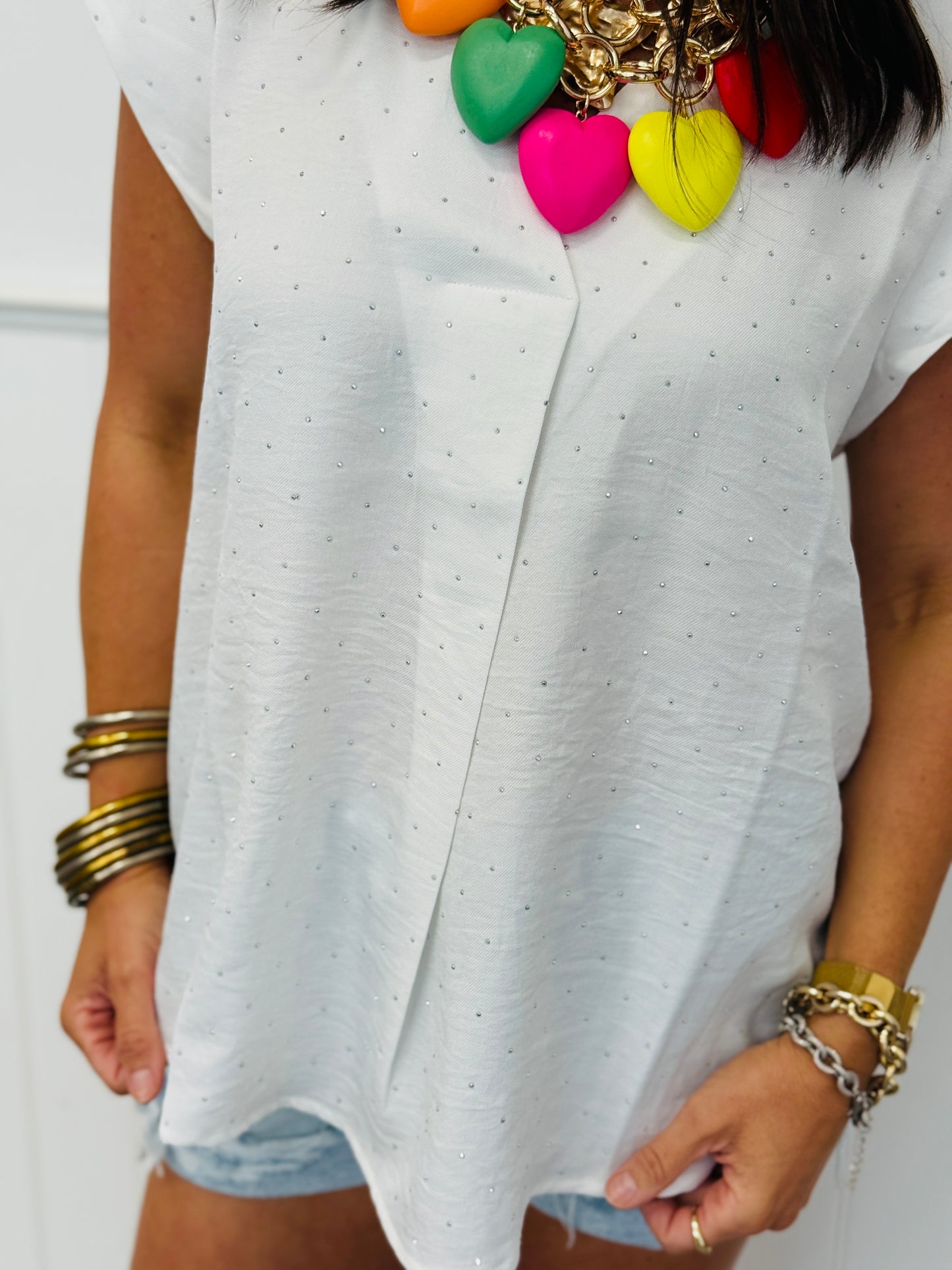 White Rhinestone V-Neck Cap Sleeve Blouse (Reg. & Plus)