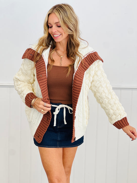 Ivory/Brown Mixed Pattern Button Up Cardigan (Reg. and Plus)