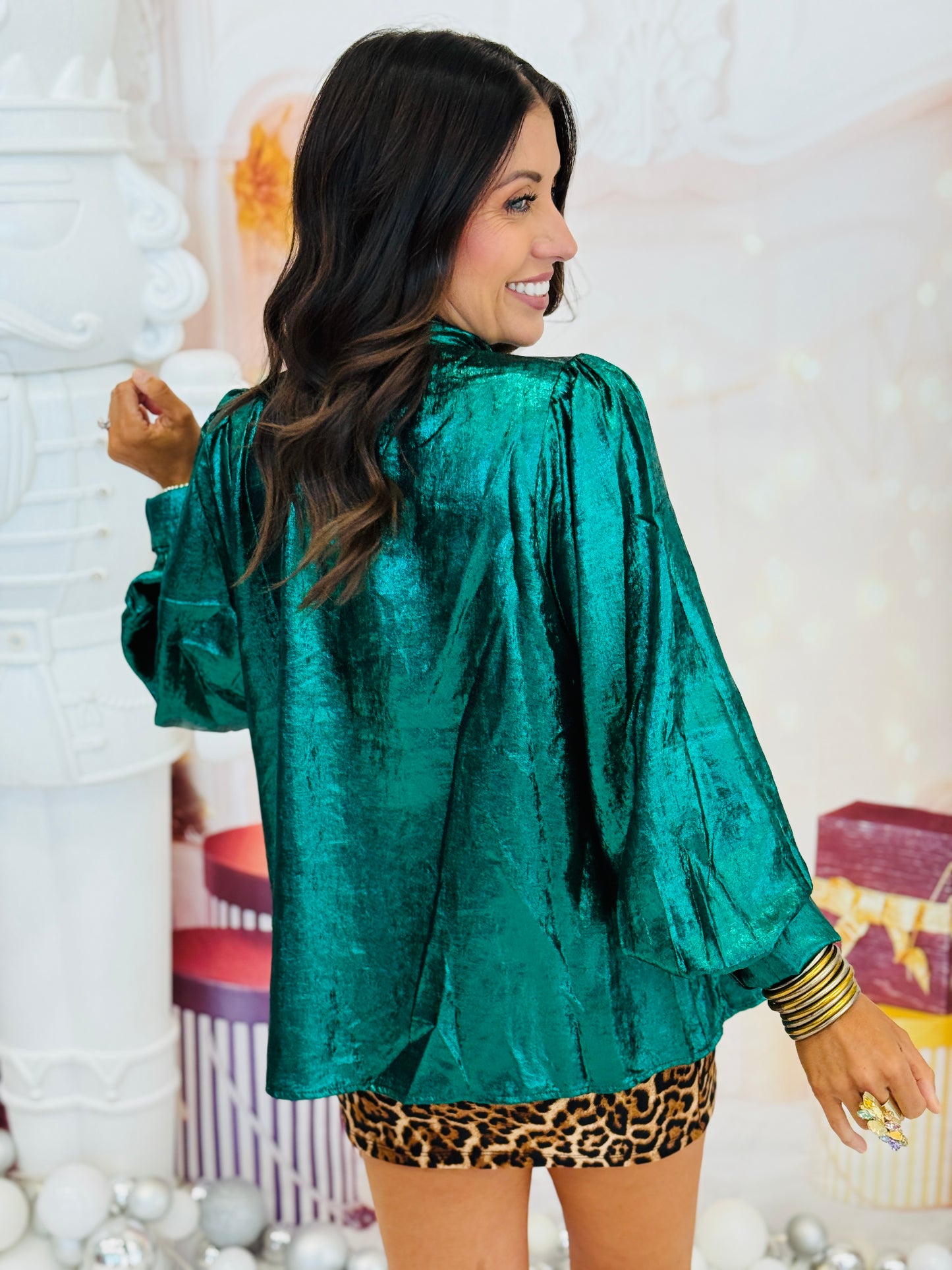 Hunter Green Metallic Bow Tie Blouse (Reg.)