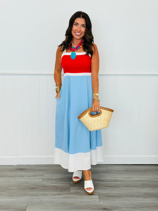 Red/Blue Color Block Midi Dress (Reg.)