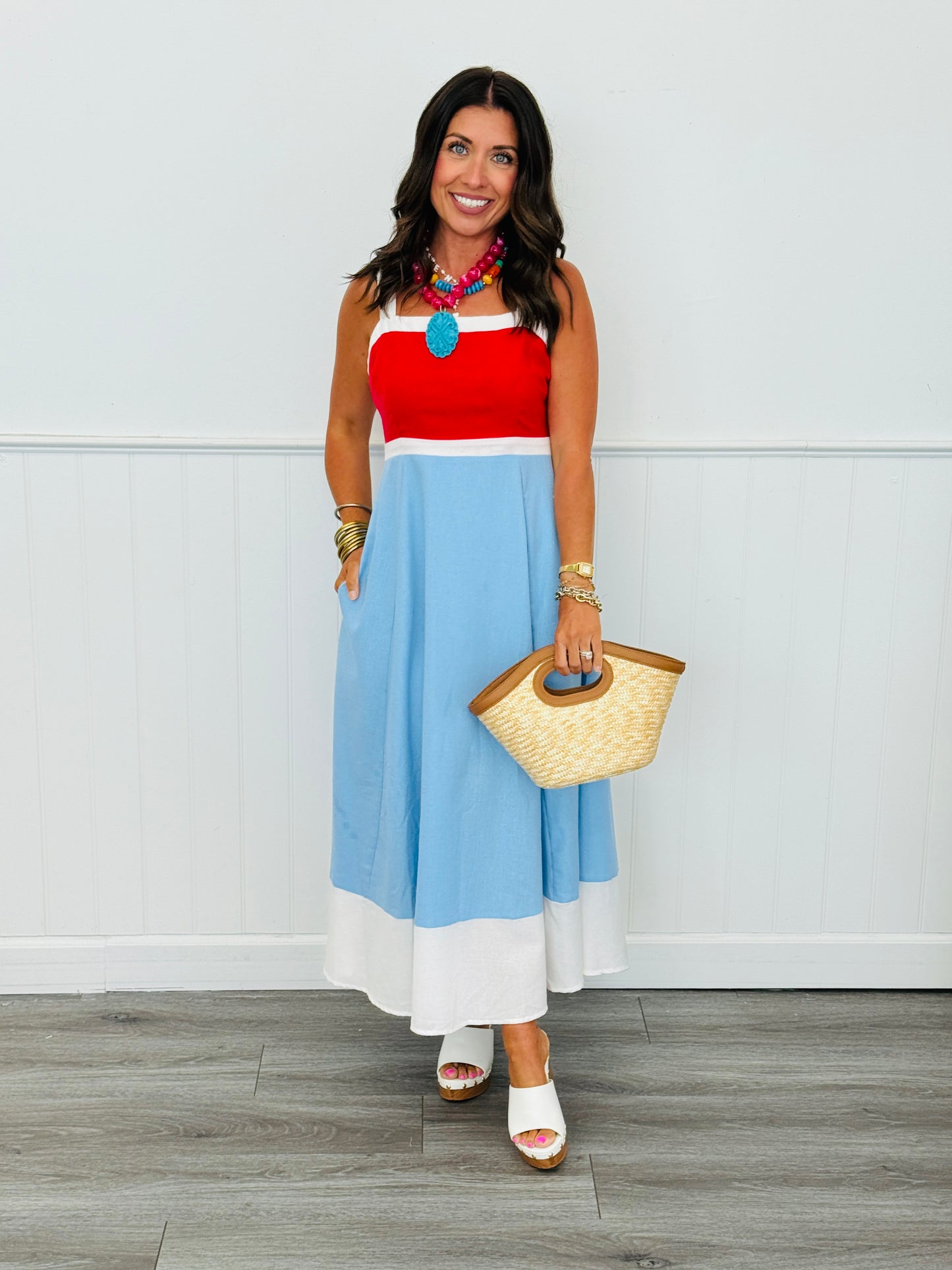 Red/Blue Color Block Midi Dress (Reg.)