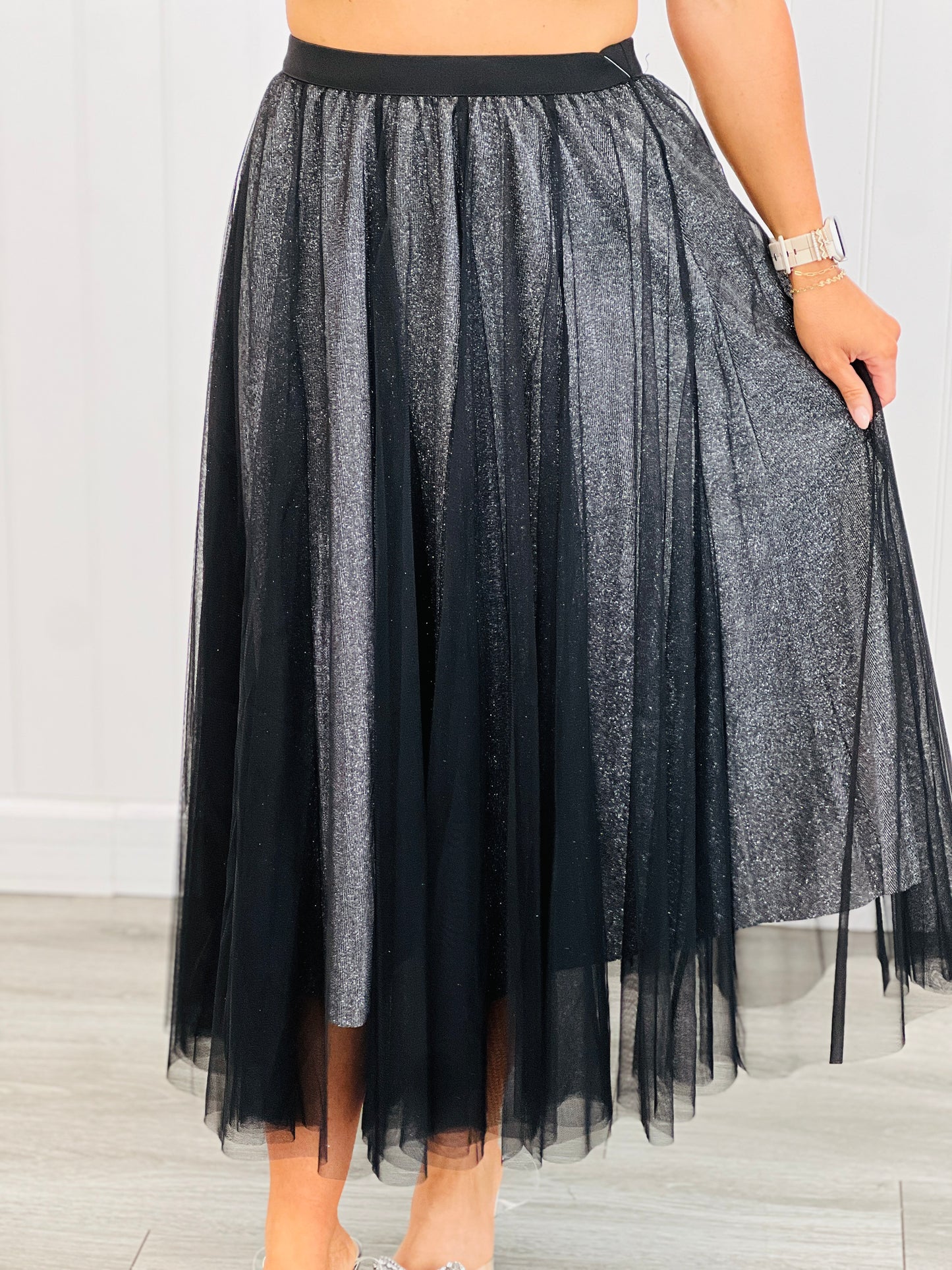 Black Sparkly Mesh Layer Midi Skirt (Reg. and Plus)