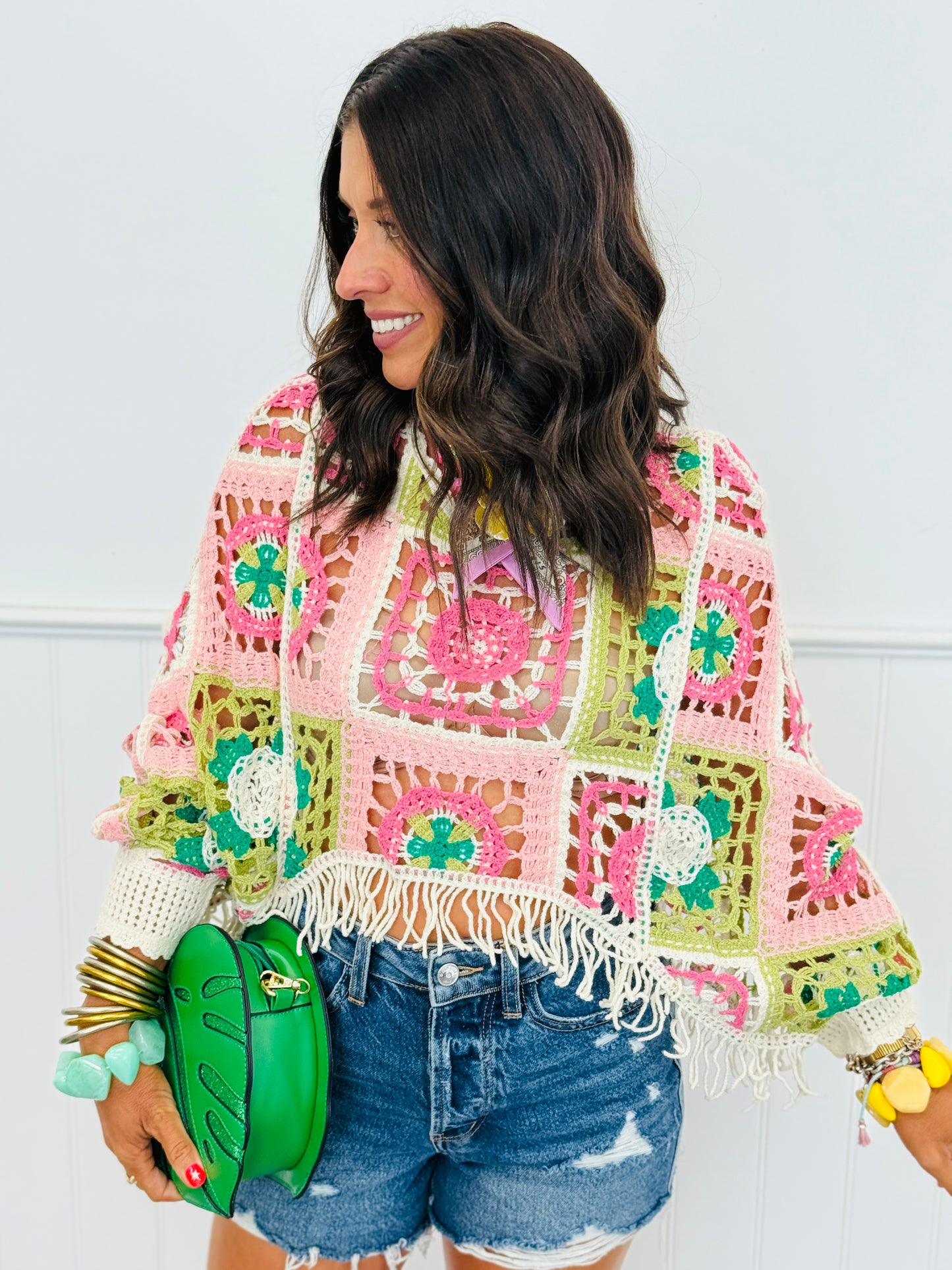 POL Pink & Green Crochet Fringe Top (Reg.)