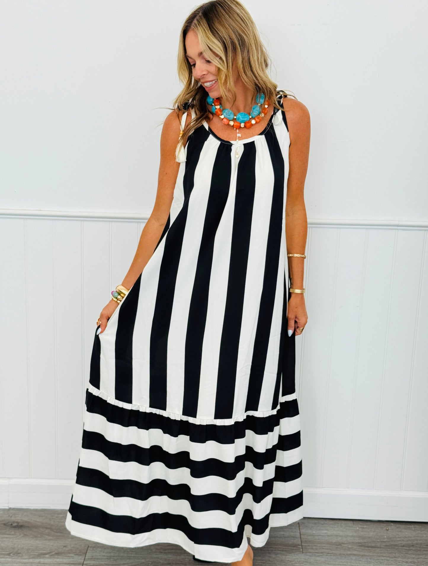 Black & White Vertical Stripe Maxi Dress (Reg. & Plus)