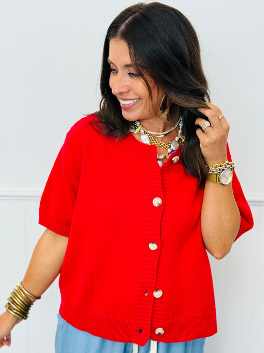 Red Short Sleeve Sweater Cardi Top (Reg.)