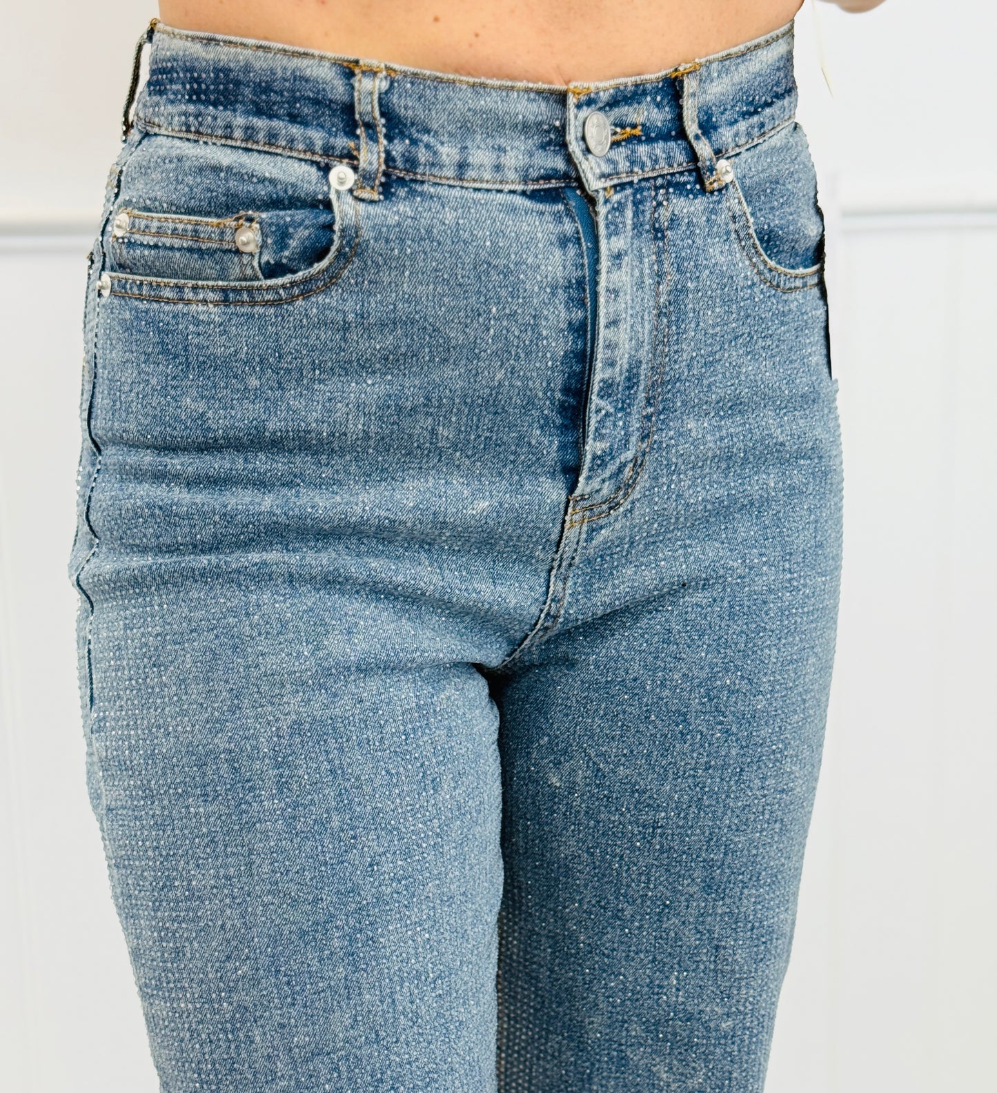 Medium Wash Clear Crystal Denim Jeans (Reg.)