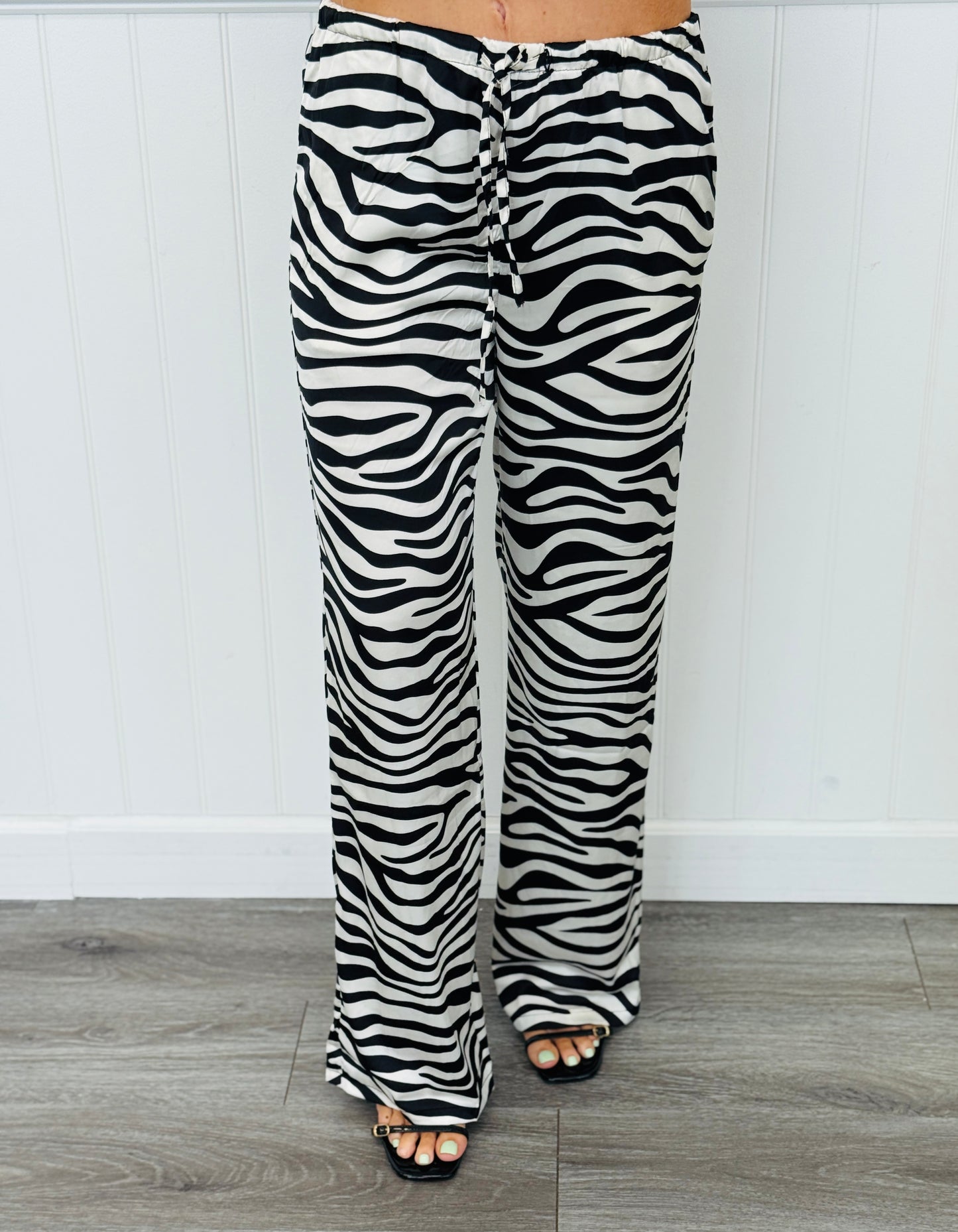 Black Satin Zebra Print Cami Top & Pant Set (Reg.)