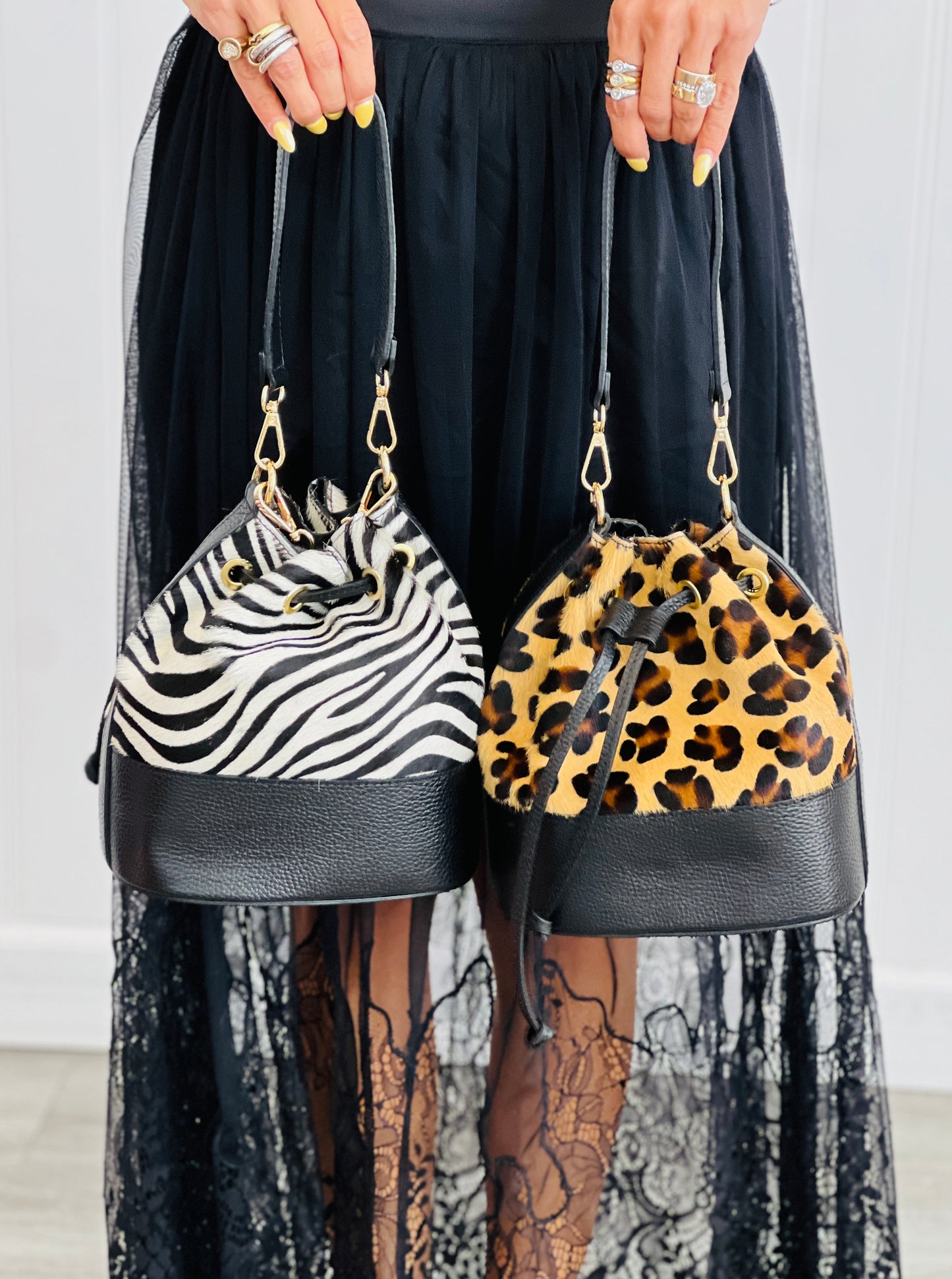 Italian Leather Animal Print Bucket Bag (2 colors)