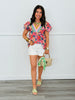 Navy/Peach Floral Puff Sleeve Blouse (Reg. and Plus)
