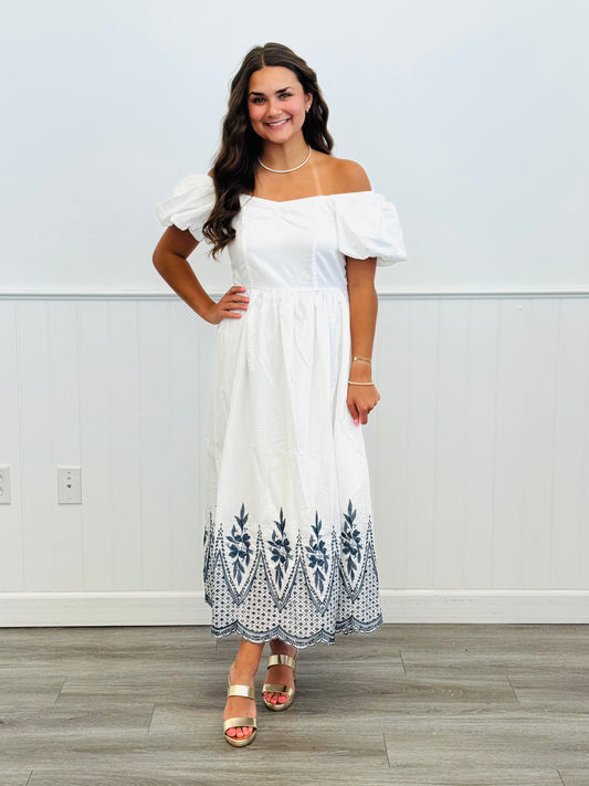 White/Navy Embroidered Edge Maxi Dress (Reg. & Plus)