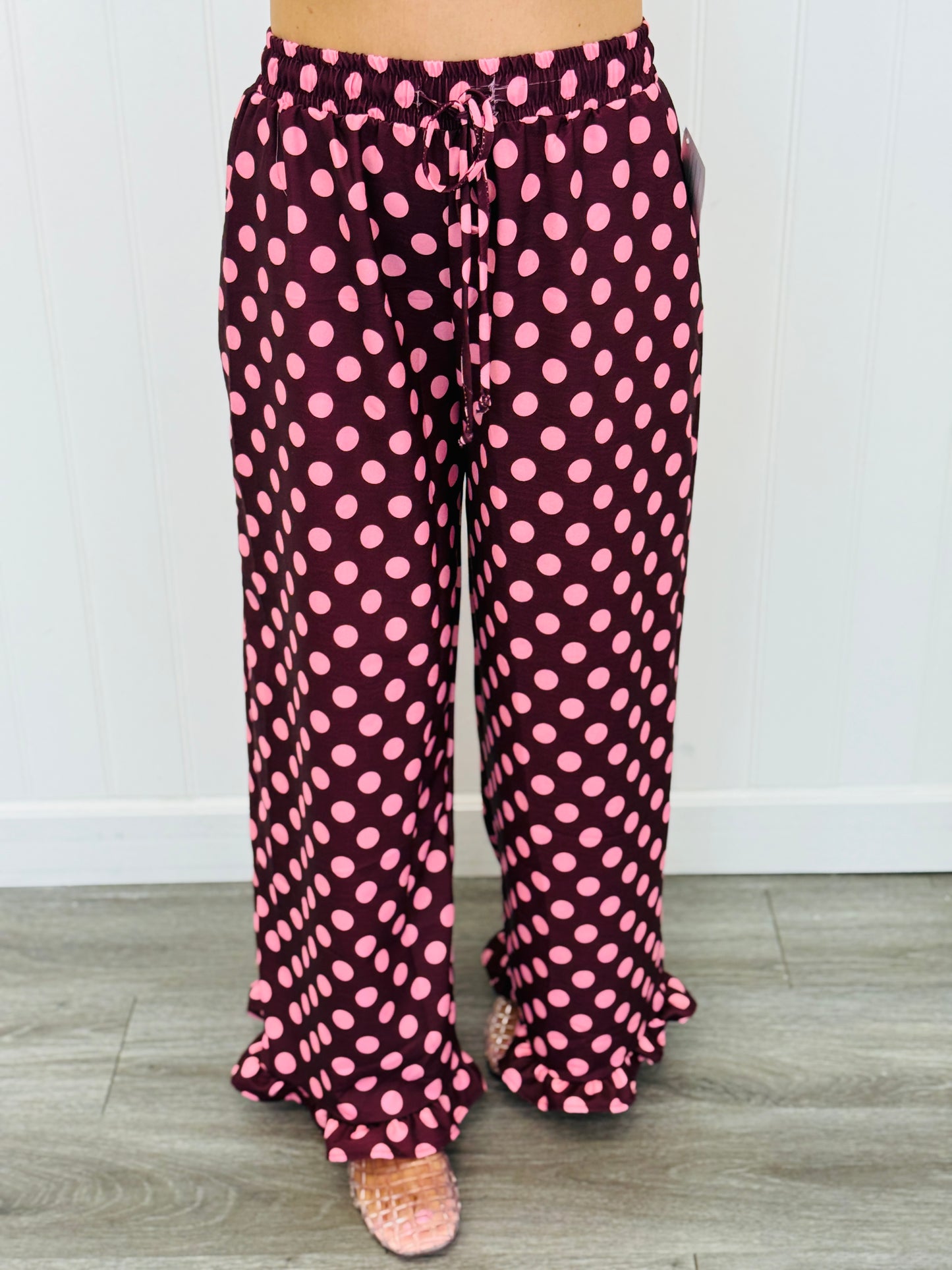 Burgundy/Pink Polka Dot Ruffle Hem Pants (Reg. and Plus)