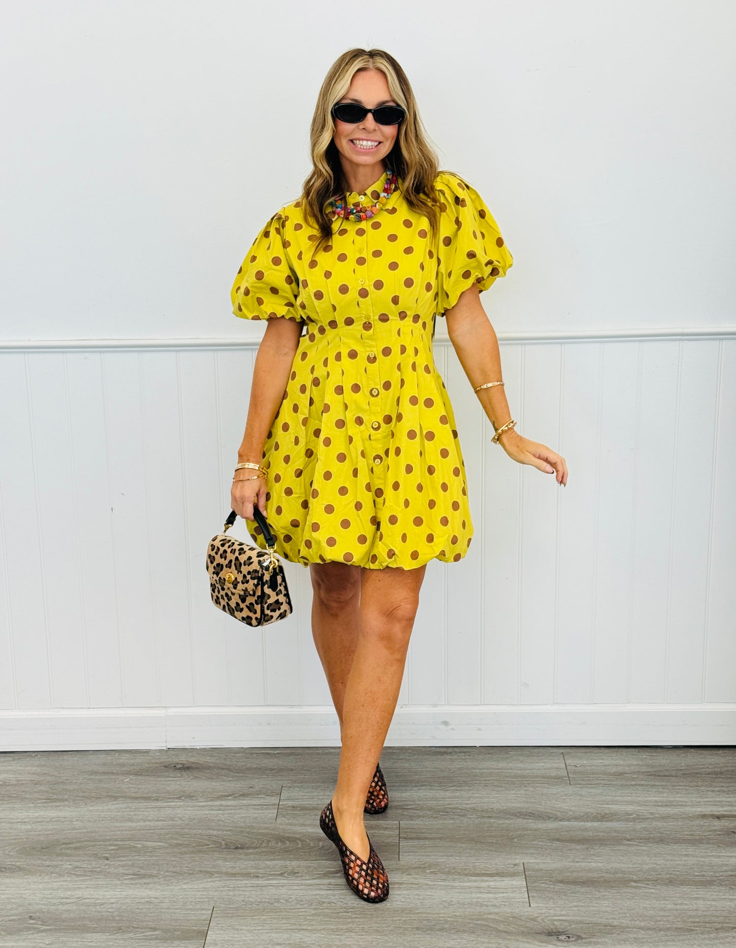 Chartreuse Polka Dot Balloon Mini Dress (Reg.)