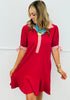 Wine Contrast Half Button Up Midi Dress (Reg. and Plus)