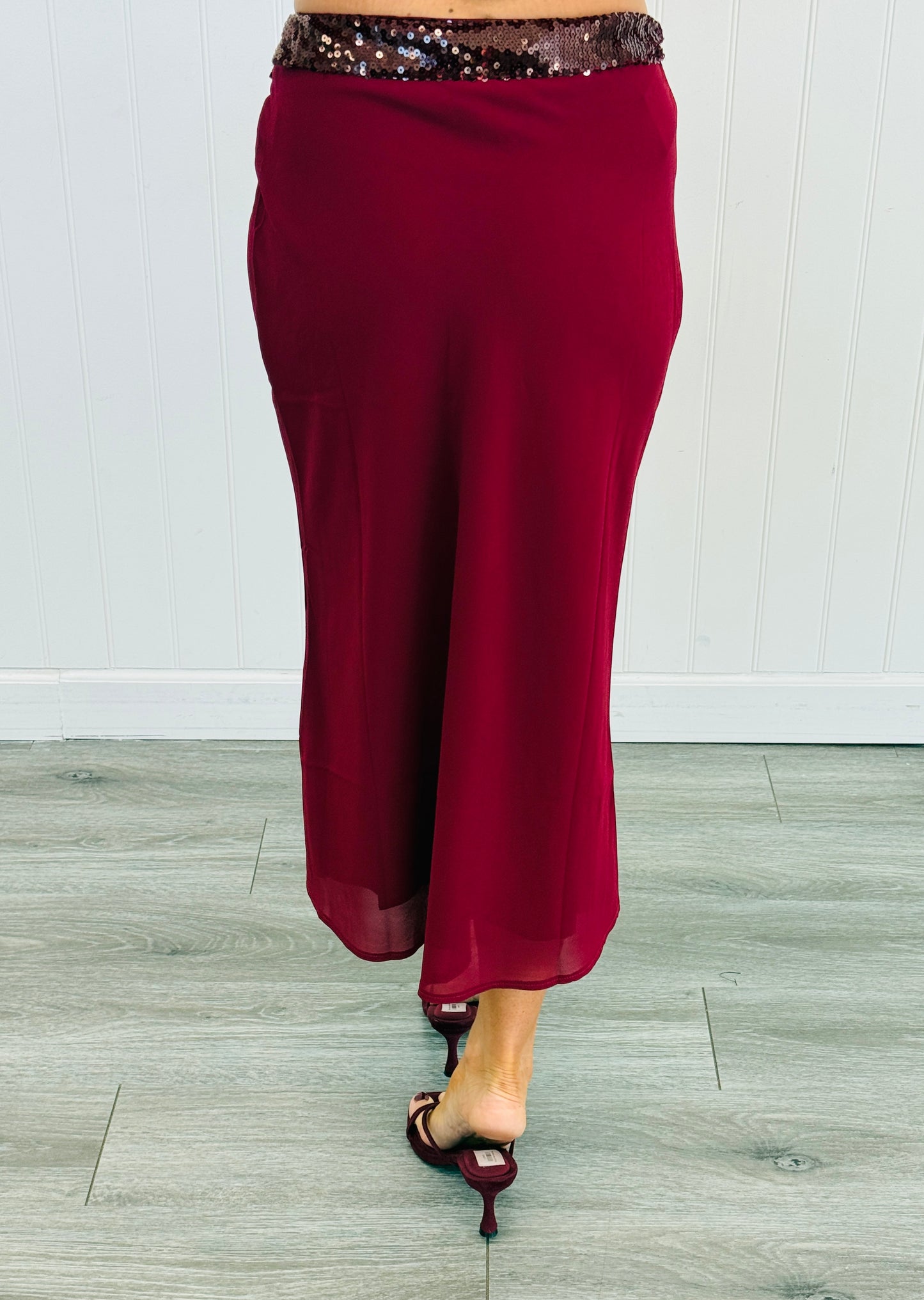 Burgundy Sequin Foldover Waist Maxi Skirt (Reg.)