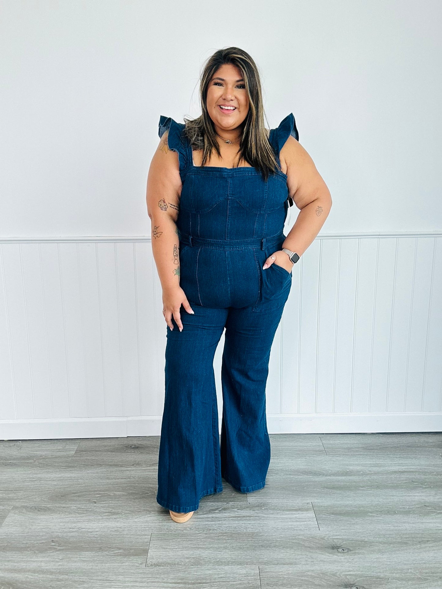 Dark Denim Dream Ruffled Jumpsuit (Reg & Plus)