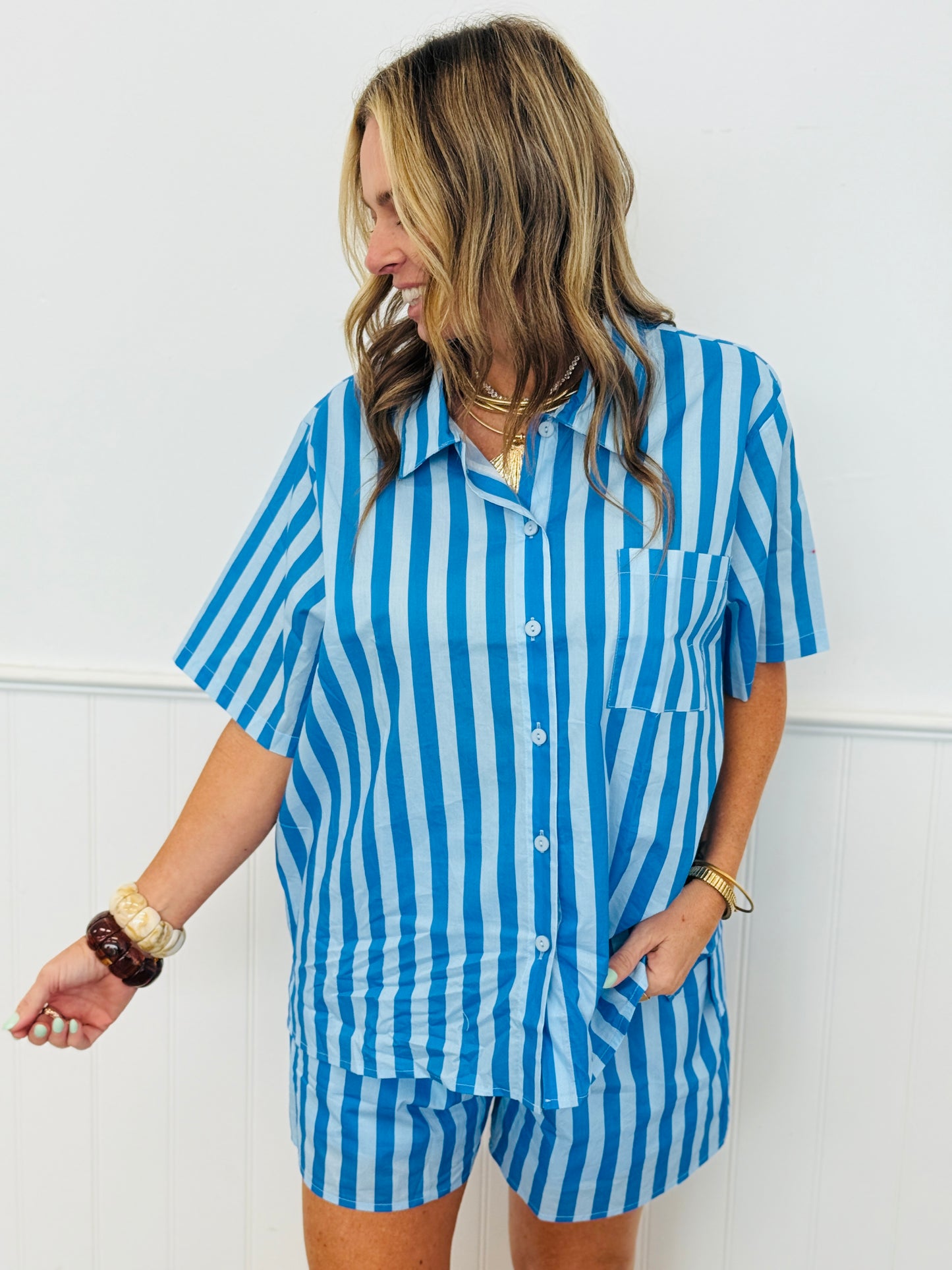 Blue Striped Button Up Top & Shorts Set (Reg.)