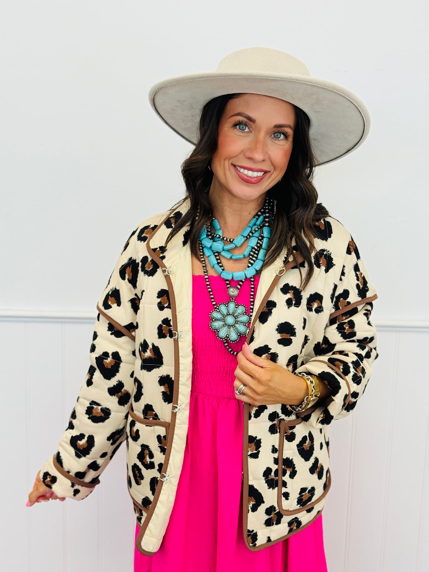 Leopard Print Contrast Binding Quilted Jacket (Reg.)