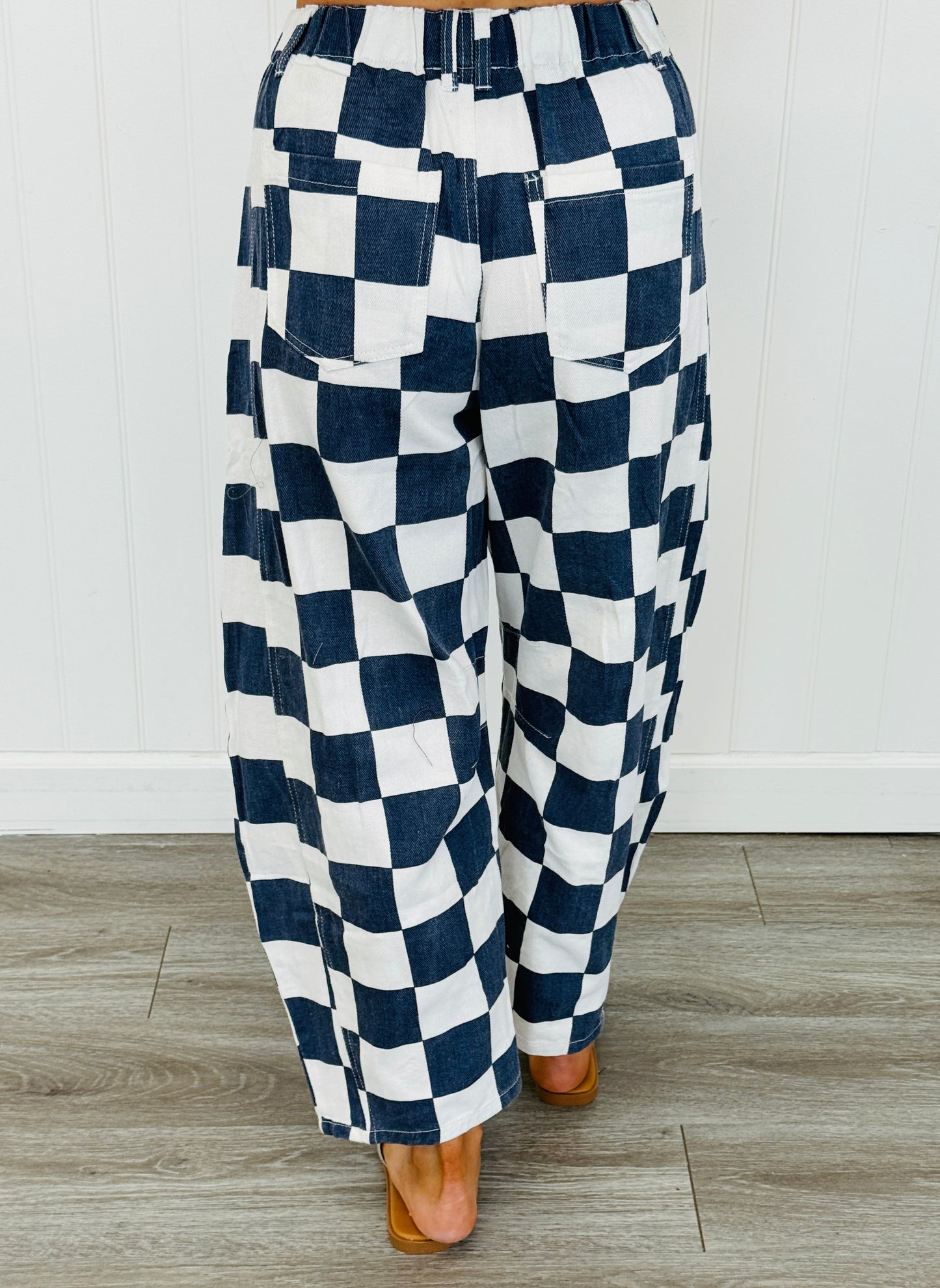 Navy Checkered Print Barrel Pants (Reg. and Plus)