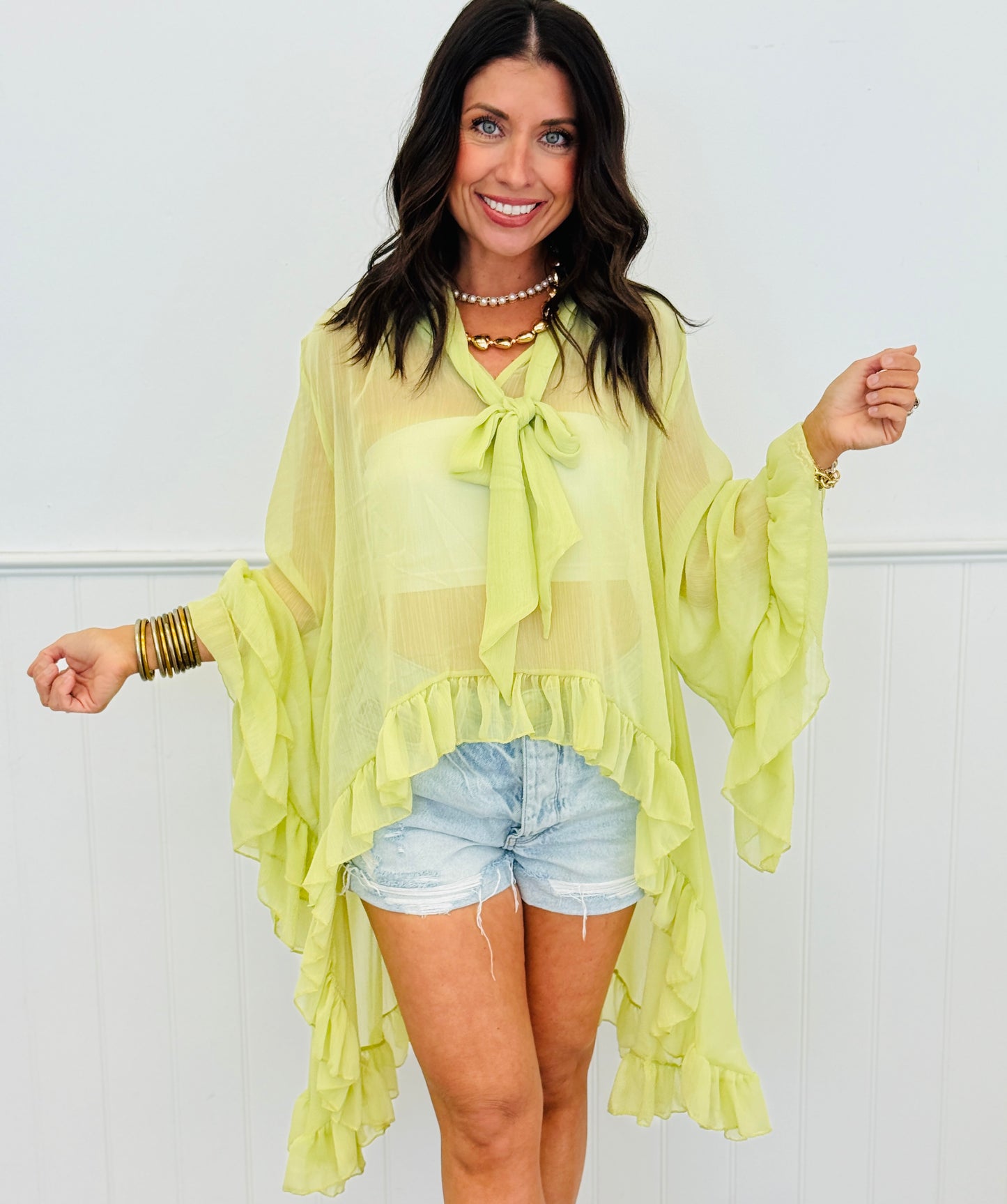 Sheer Mesh Ruffle High Low Blouse (Reg.)- 3 Colors