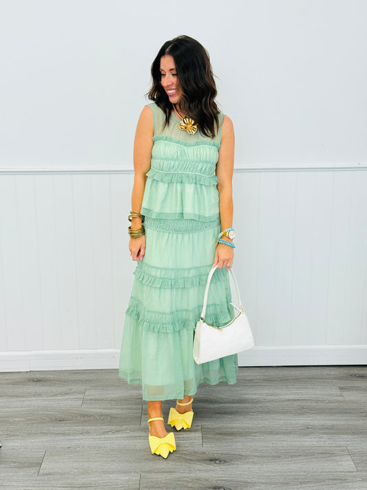 Sage Ruffled Top & Midi Skirt Set (Reg.)