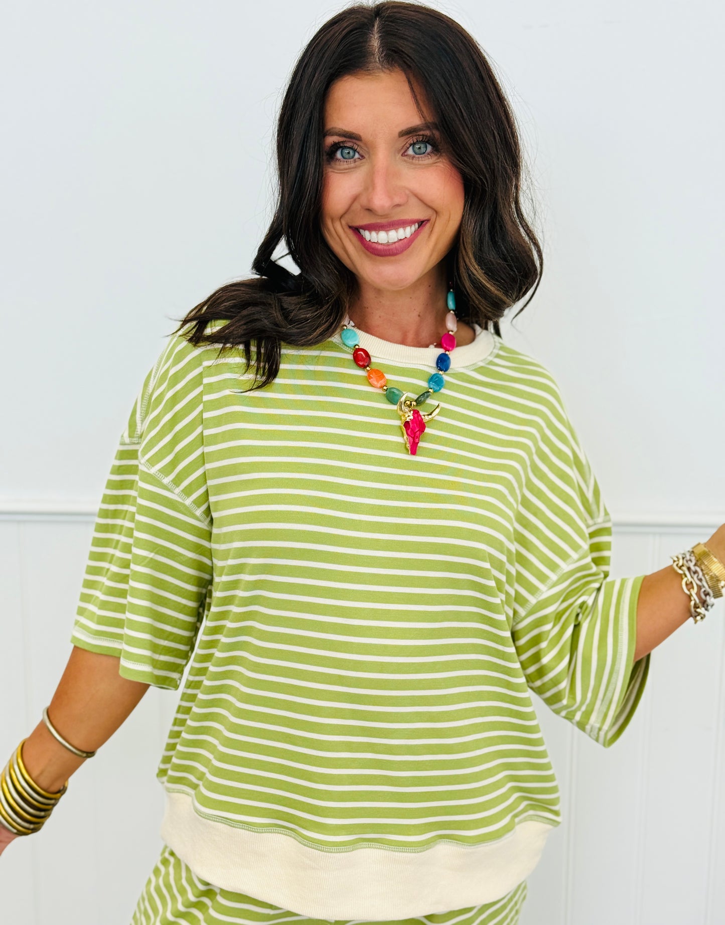 Green/Cream Stripe Top (Reg & Plus)