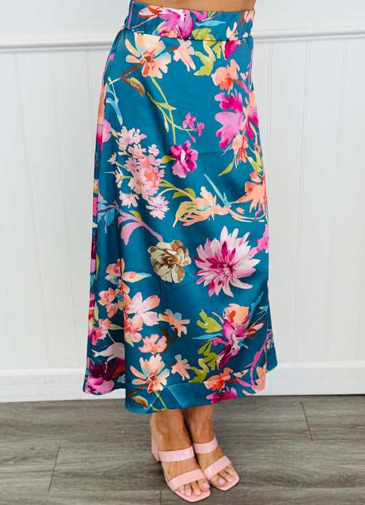 Floral Blossom Satin Midi Skirt (Reg. and Plus)