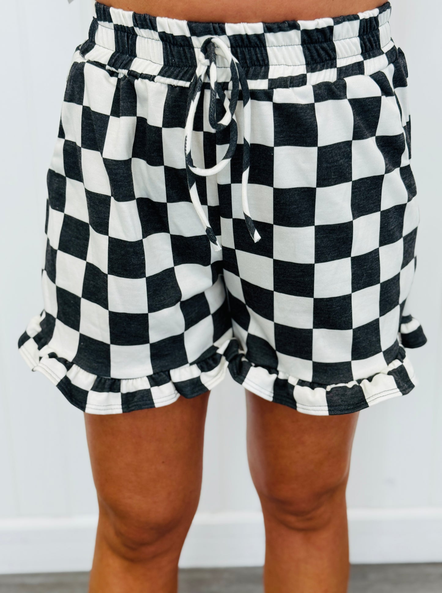 Checkered Print Top & Ruffle Shorts Set (Reg. & Plus) - 4 Colors