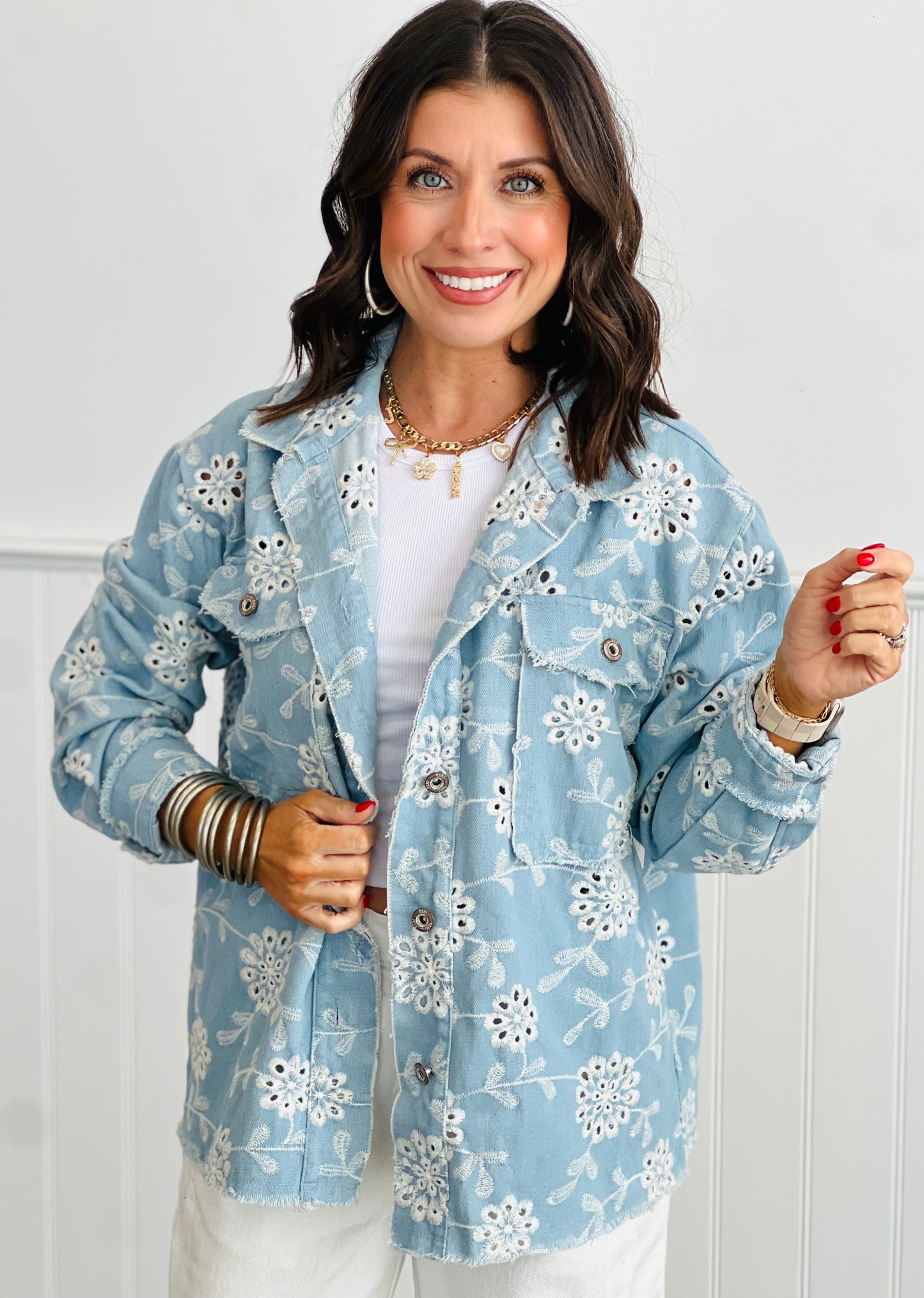 Light Denim Eyelet Embroidered Jacket (Reg and Plus)