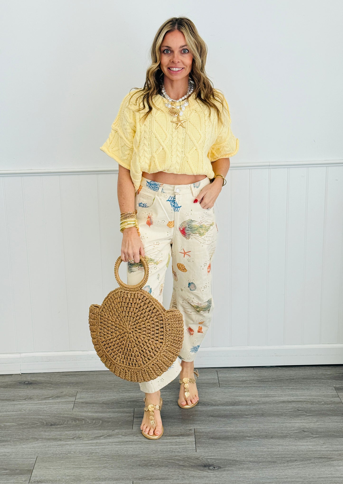 Seaside Print Eyelet Denim Pants (Reg. & Plus)