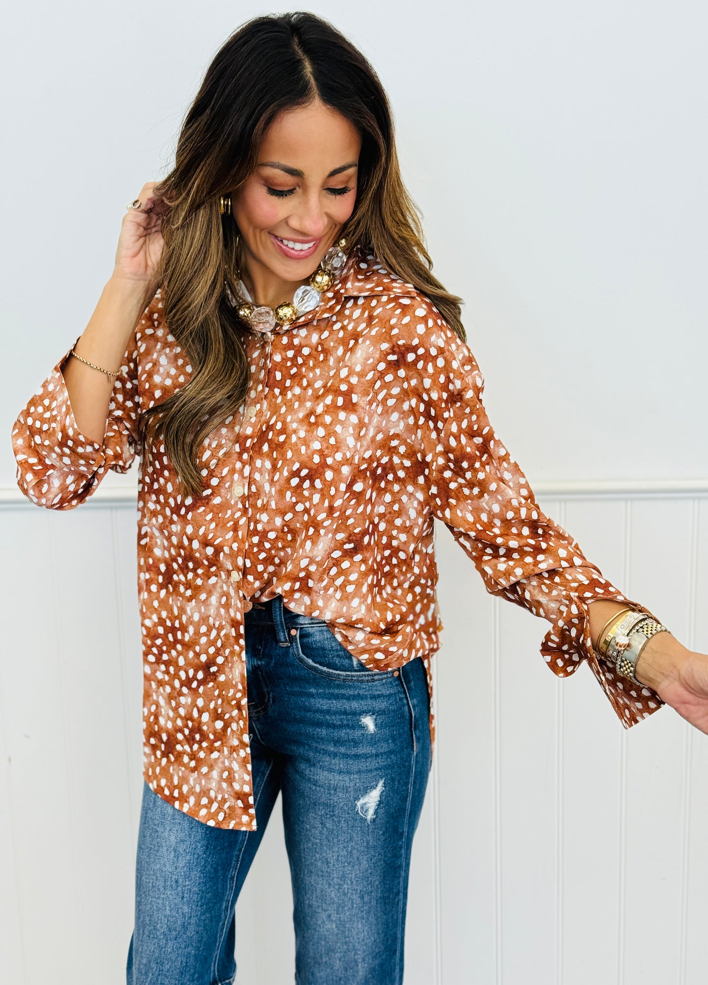 WR Deer Print Kathryn Button Up Top (Reg. and Plus)