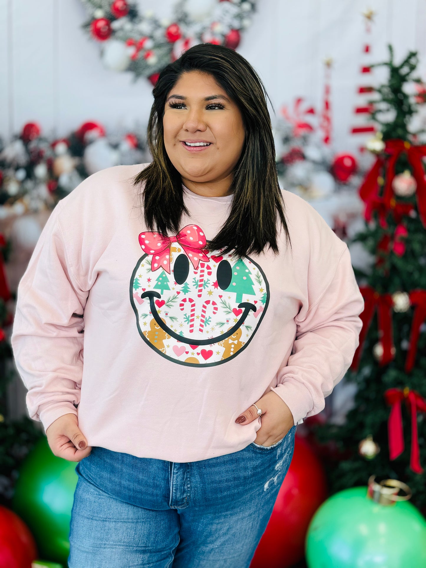 Pink Holiday Happy Face Sweatshirt (Reg. and Plus)