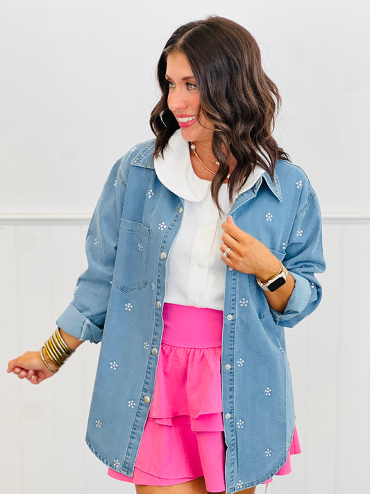 Lt. Denim Flower Rhinestones Button Down Top (Reg.)
