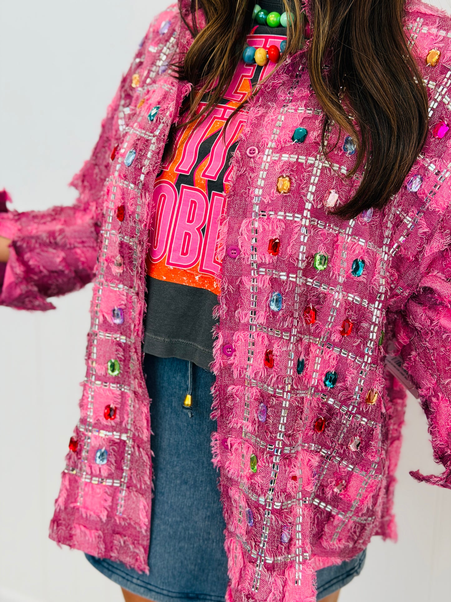 Pink Plaid Multi Crystal Shacket (One Size)