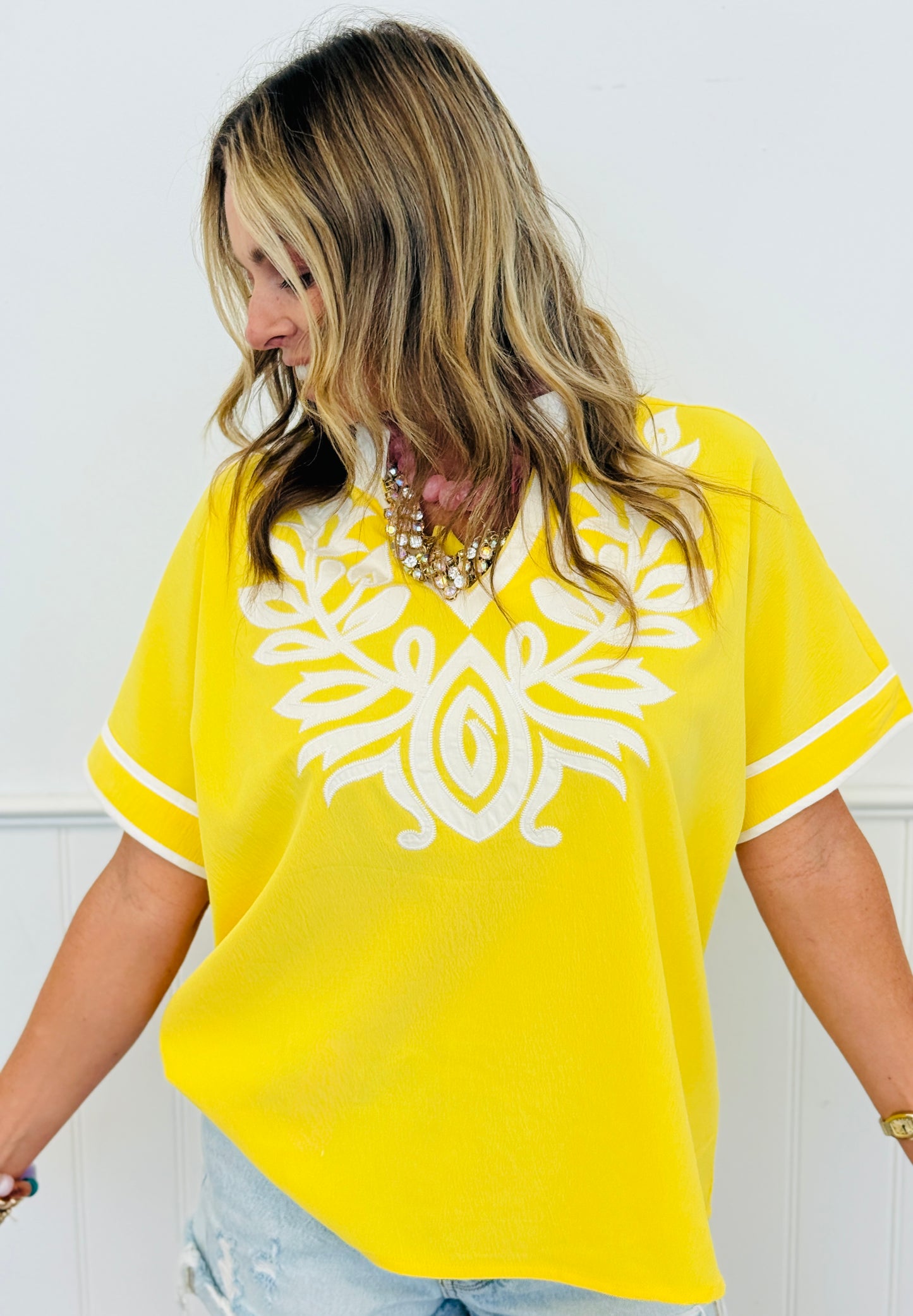 Yellow Baroque Applique Crinkle Top (Reg.)