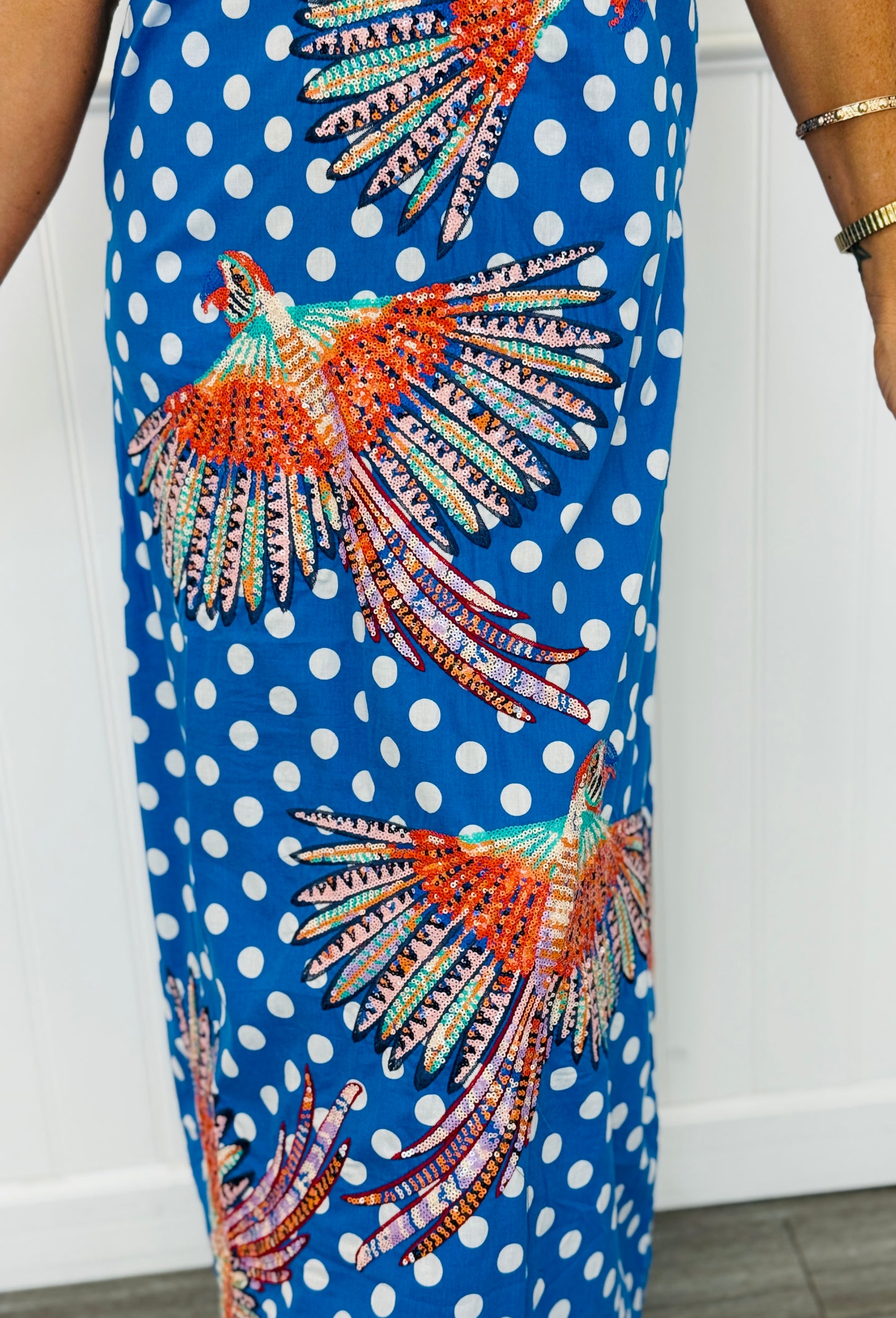 Queen Of Sparkles Blue & White Polka Dot Bird Midi Dress (Reg & Plus)