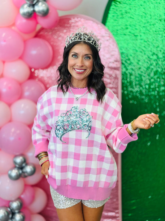 Queen Of Sparkles Licensed Pink Gingham Glinda Crown Sweater (Reg. and Plus)