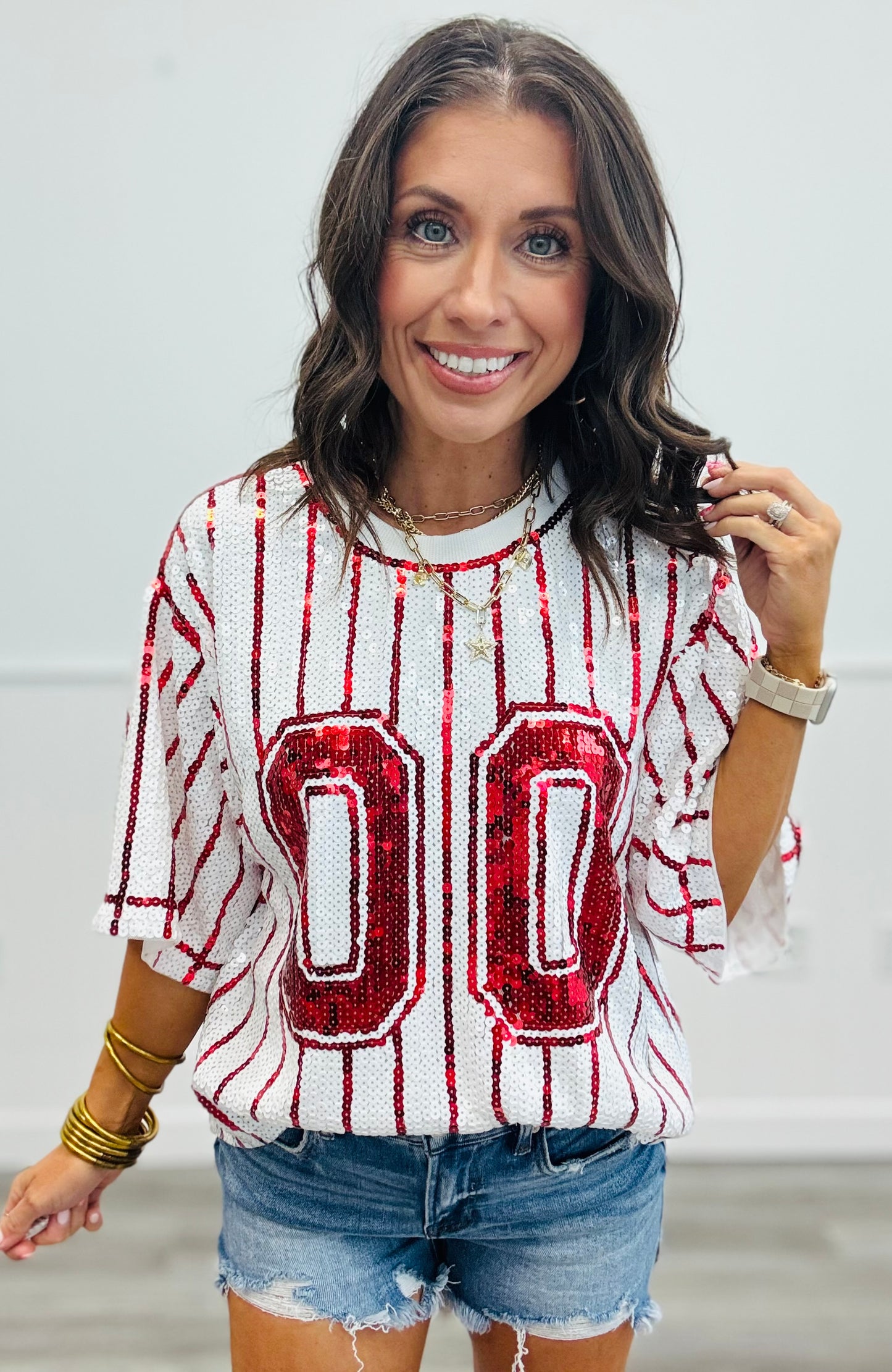 Striped Sequin Number Patch Boxy Top (Reg.)-3 Colors