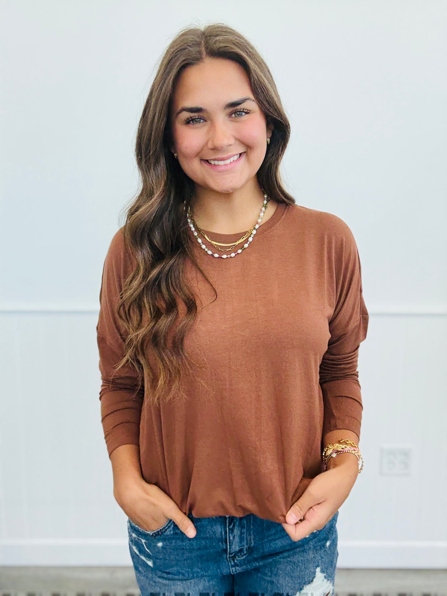 Curved Hem Long Sleeve Top (Reg.)-5 Colors