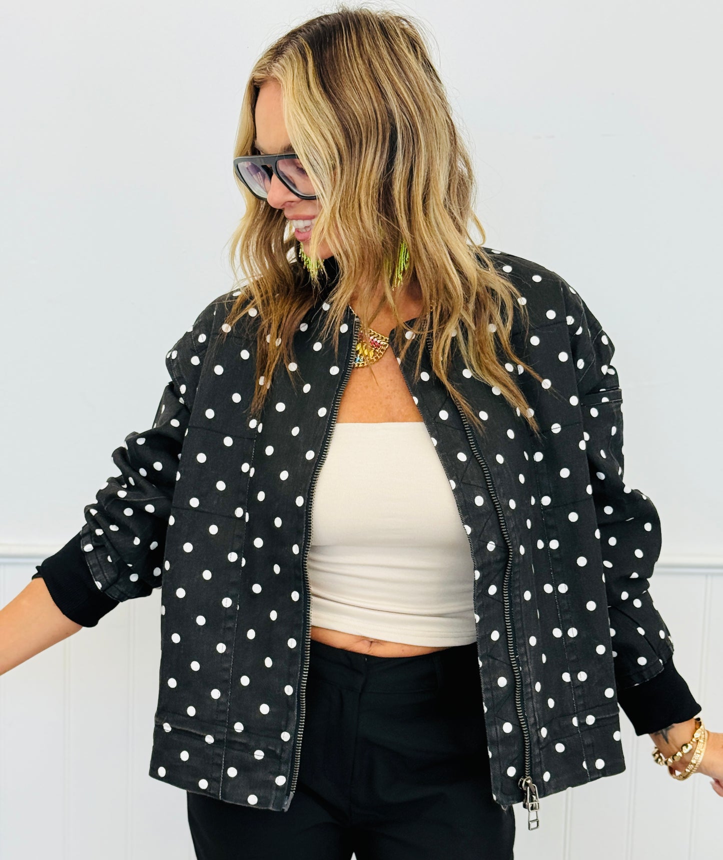 Black Polka Dot Zip Up Jacket (Reg. and Plus)