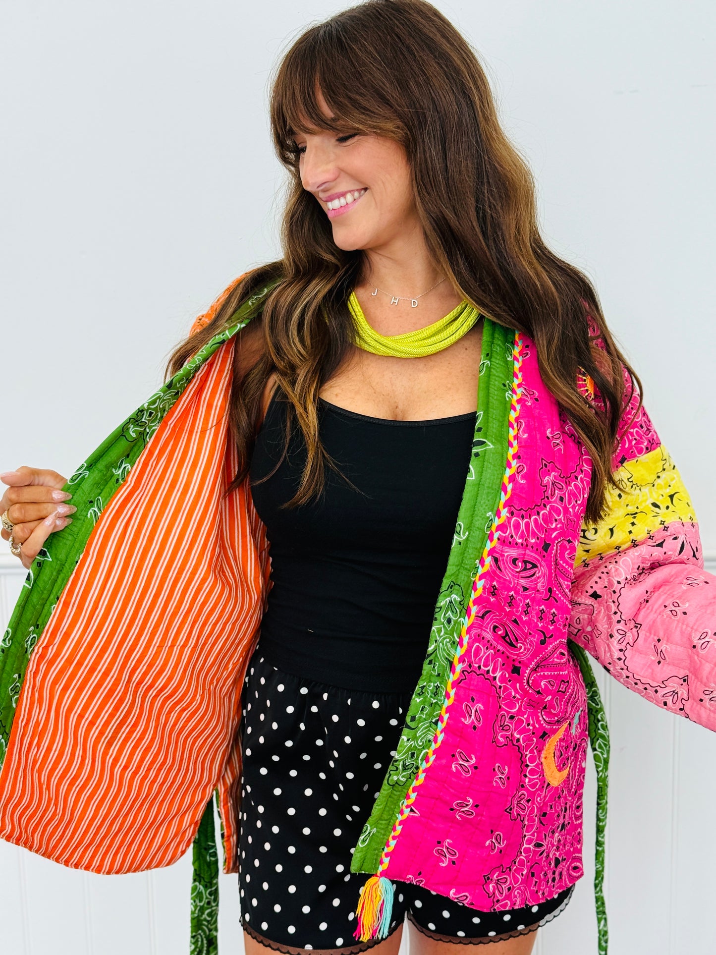 POL Green/Pink Multi Print Kimono Jacket (OS)