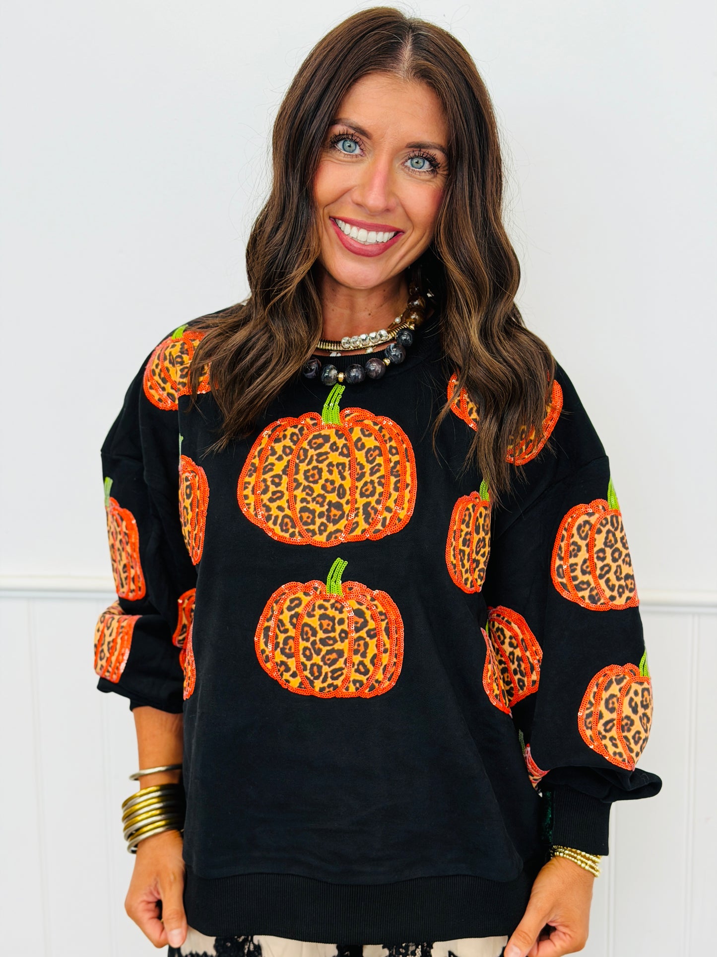 Queen Of Sparkles Black Leopard Pumpkin Sweatshirt (Reg. and Plus)