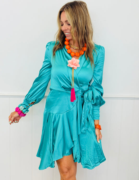Teal Satin Side Wrap Mini Dress (Reg.)