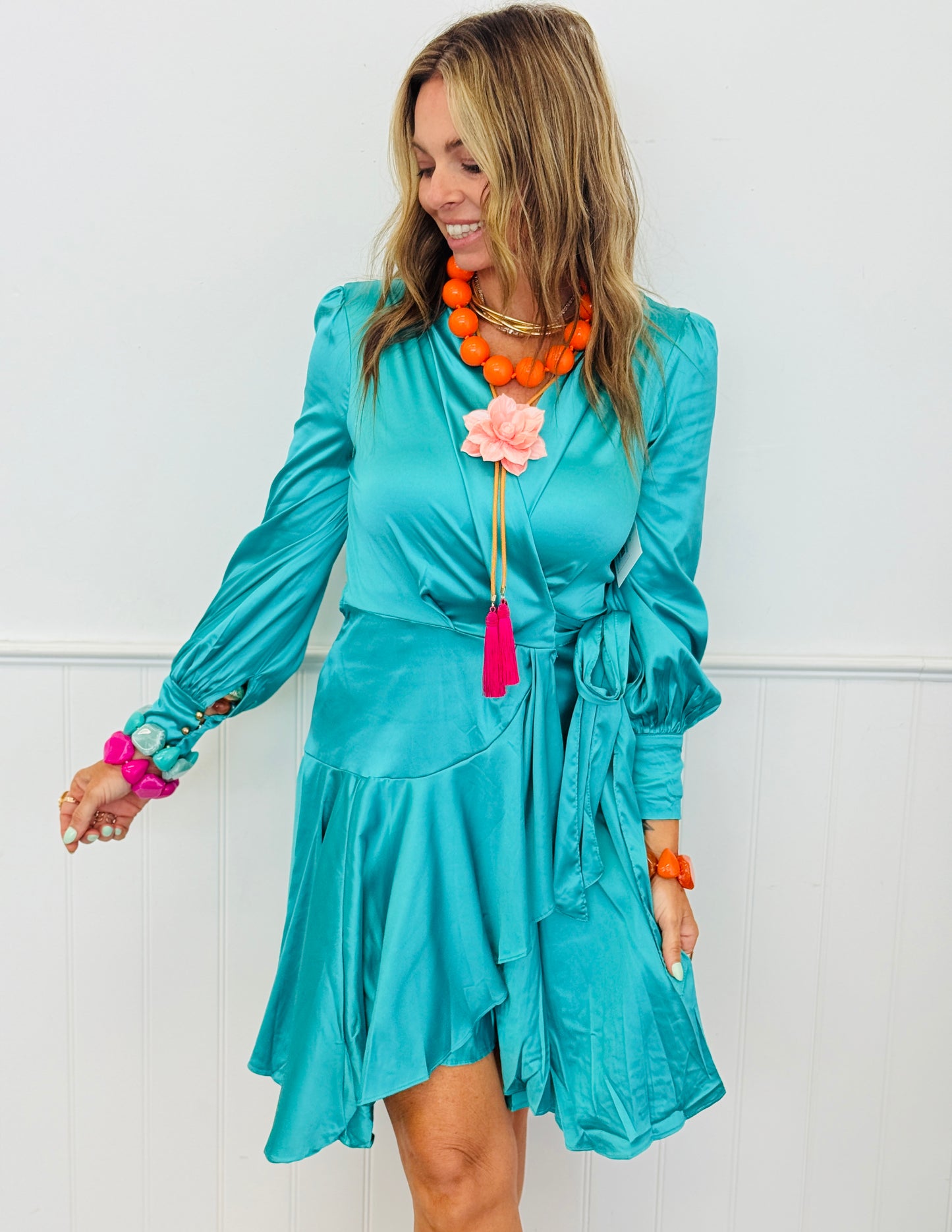 Teal Satin Side Wrap Mini Dress (Reg.)