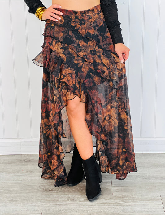 Black Floral Ruffle Midi Skirt (Reg. and Plus)