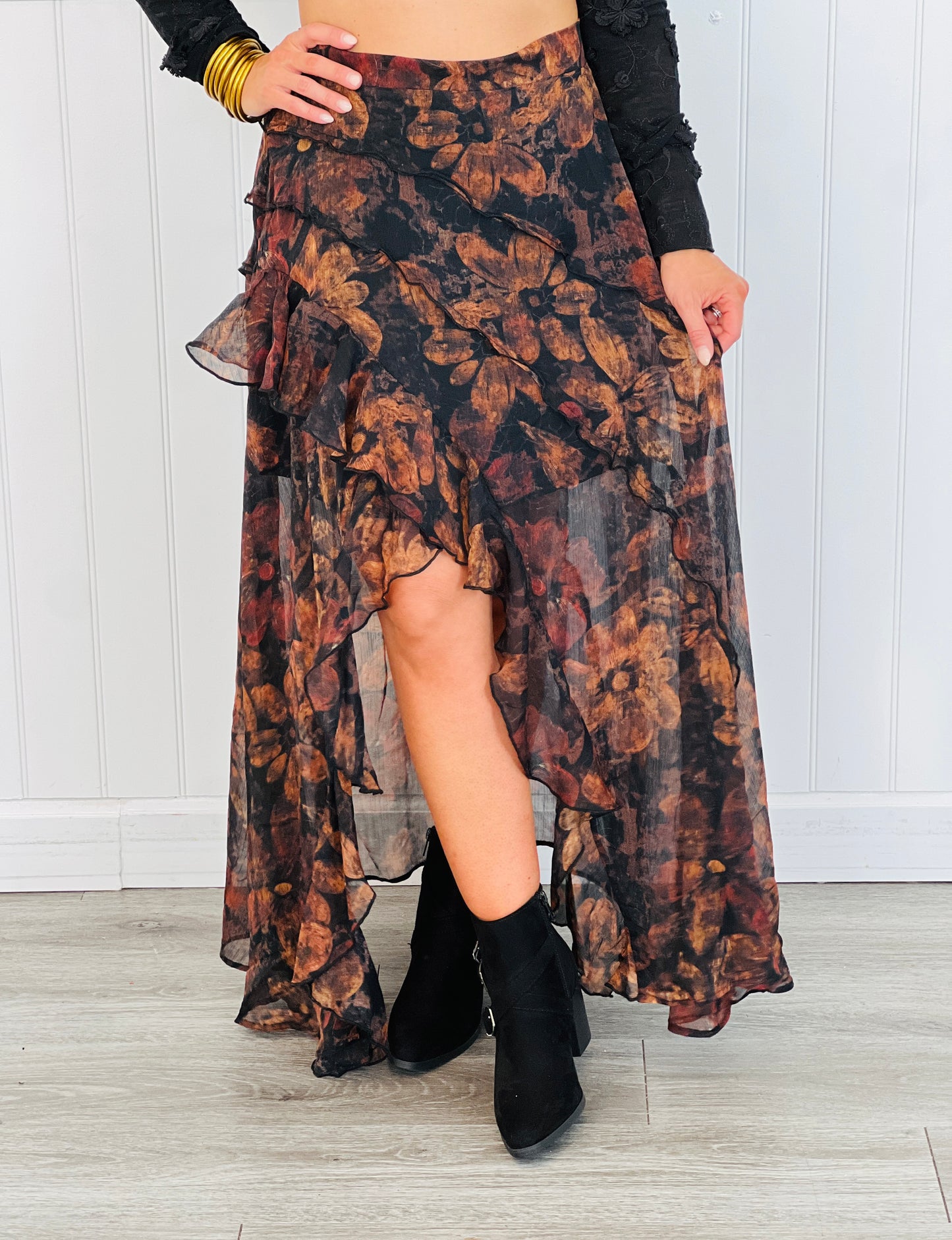 Black Floral Ruffle Midi Skirt (Reg. and Plus)