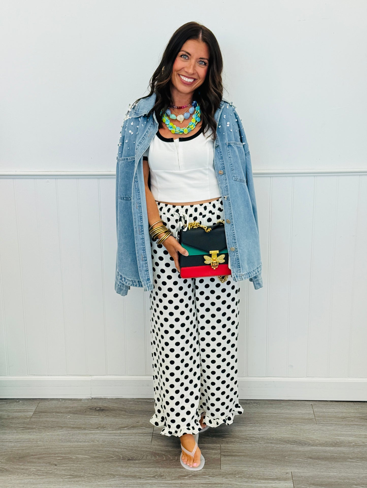 White/Black Polka Dot Ruffle Hem Pants (Reg. and Plus)