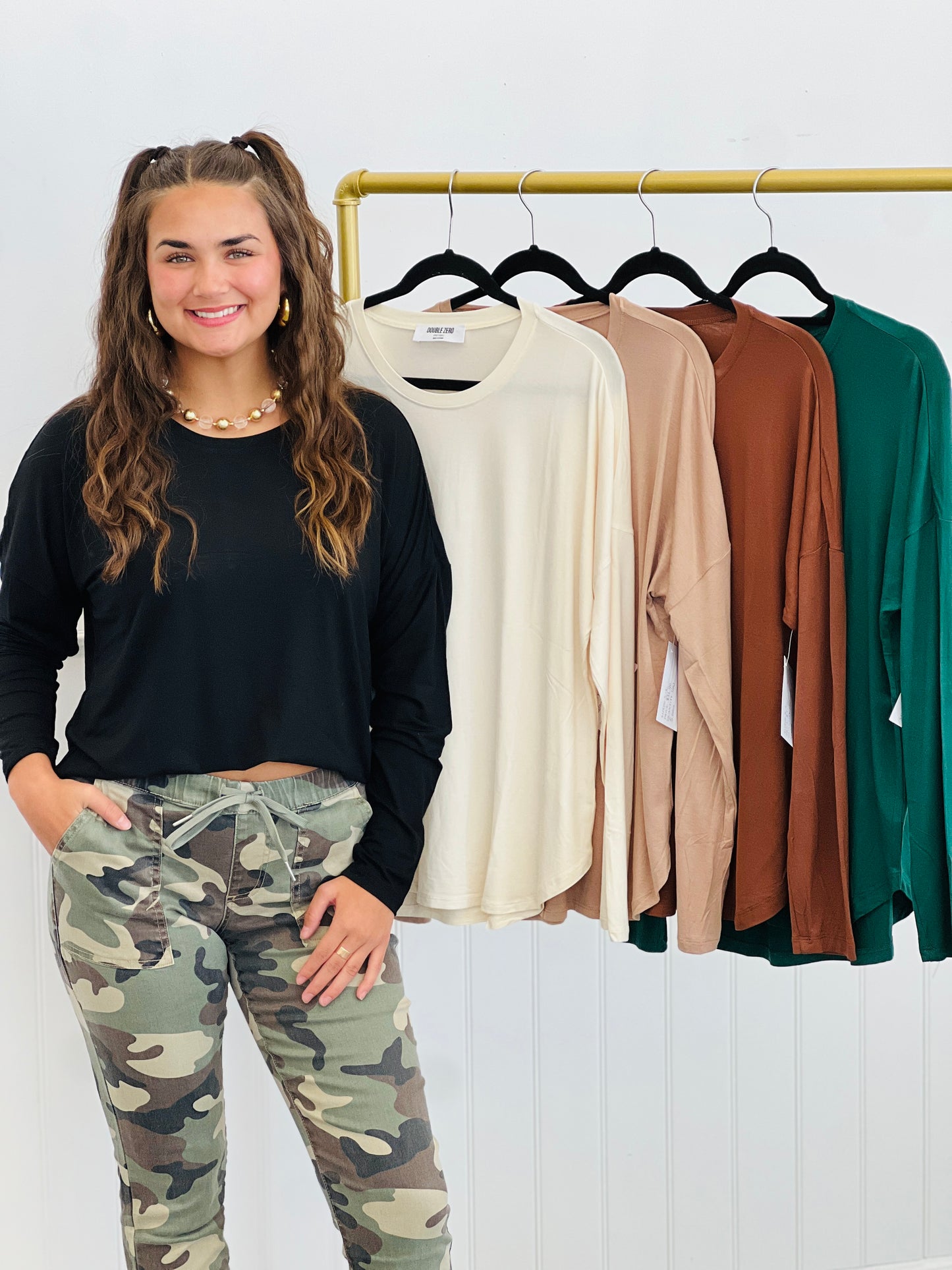 Curved Hem Long Sleeve Top (Reg.)-5 Colors